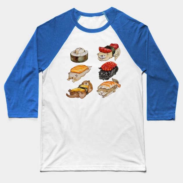 Sushi Otter Watercolor Baseball T-Shirt by huebucket